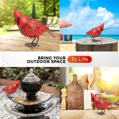 Vista 6 de Decoración de jardín de pájaro de metal con estatua cardenal, arte de metal para patio, esculturas y estatuas para exteriores, pájaro rojo grande