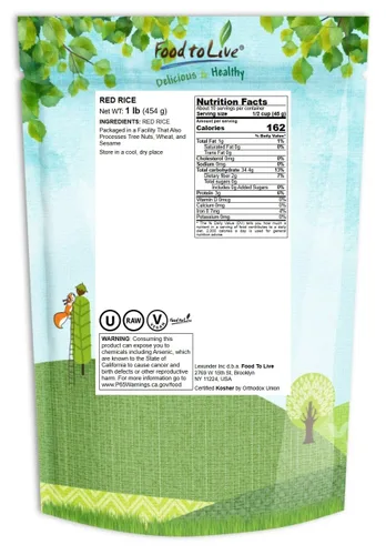 Vista 2 de Food to Live Arroz rojo, 1 libra, arroz entero, sabor a nuez, textura suave, antiadherente, vegano. Buena fuente de proteínas y antioxidantes.