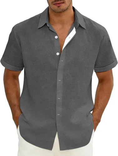 Vista 7 de Camisas de lino con botones para hombre, camisa casual de manga corta, sin pliegues, vestido de boda de verano, camisa de vacaciones en la playa