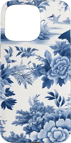 Vista 28 de iPhone 16 White and blue Chinoiserie Botanical Floral Bird Classic Case
