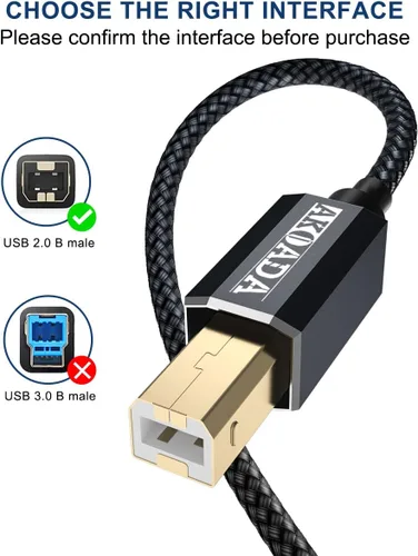 Vista 2 de AkoaDa Cable de impresora USB 2.0 de 20 pies, USB tipo A macho a B macho, cable de escáner de alta velocidad compatible con HP, Brother, Canon, Negro