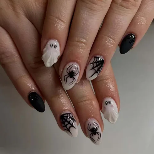 Vista 21 de Uñas postizas de Halloween a presión medianas con diseño de ataúd oscuro gótico embrujado, castillo muerto, diseño de árbol muerto, uñas postizas