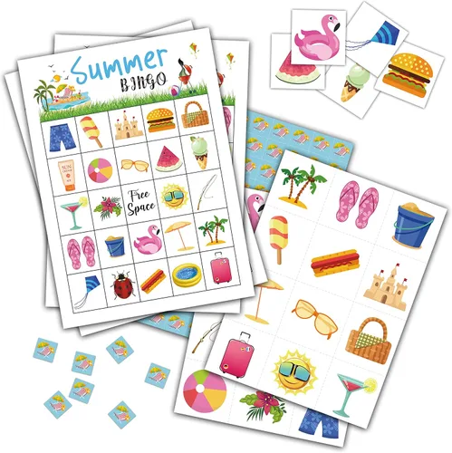 Vista 7 de Juego de bingo de playa, juegos de fiesta temática de verano tropical con 24 jugadores, actividades de suministros hawaianos, recuerdos de fiesta