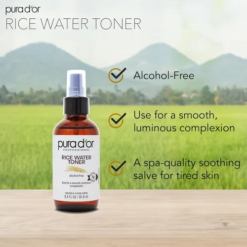 Vista 3 de PURA D'OR Tónico facial de agua de arroz de 3.3 onzas, fórmula hidratante, equilibrante y calmante con extractos naturales, soporte de textura