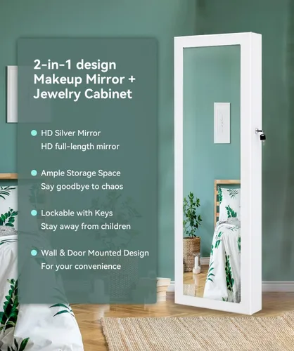 Vista 3 de VUMALL Armario de joyería con espejo 2 en 1 con cerradura con espejo de cuerpo completo, 2 cajones, almacenamiento de maquillaje montado en la pared