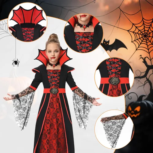 Vista 3 de Disfraz de vampiro de Halloween para niñas, disfraz real, vestido de reina medieval noble de Halloween