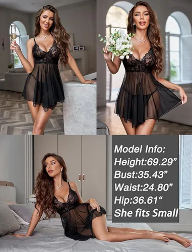 Vista 6 de Avidlove Lencería para mujer, babydoll de encaje, camisón de malla, camisón de noche, ropa interior para dormir 1-negro