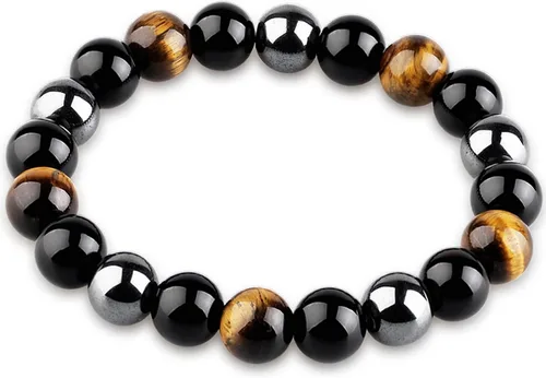 Vista 7 de HOZEAL Pulsera de triple protección, brazalete de obsidiana negra con ojo de tigre y hematita para hombres y mujeres, para traer suerte