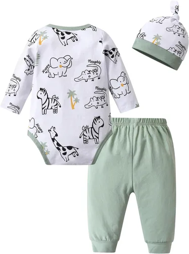 Vista 64 de Conjunto de 3 piezas de ropa de bebé recién nacido con estampado de manga larga + pantalones + sombrero