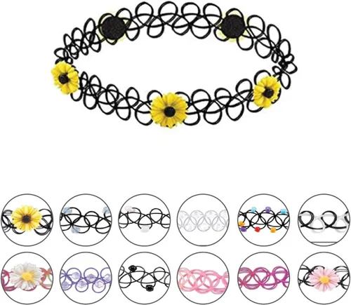 Vista 39 de BodyJ4You Juego de 12 gargantillas elásticas estilo tatuaje, accesorios y joyería de los años 90 y 2000, rosado, azul, verde, colorido, arcoíris