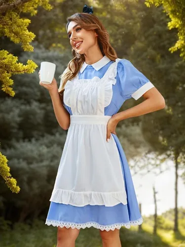 Vista 5 de Disfraz de Alicia de Halloween para mujer, vestido de princesa de manga abombada con cremallera