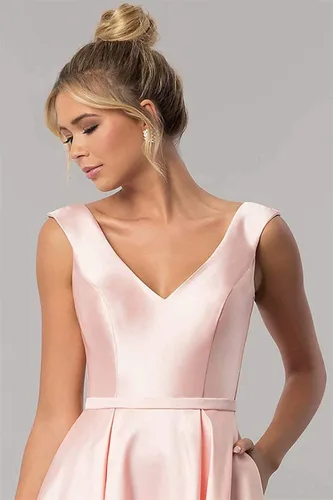 Vista 3 de Vestido largo de satén con cuello en V para mujer, con bolsillos