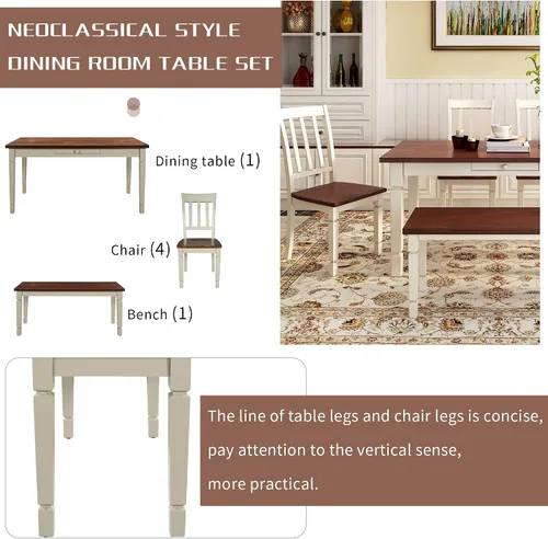 Vista 5 de Juego de mesa de comedor de madera de 60 pulgadas de largo con cajones pequeños, banco y 4 sillas de diseño ergonómico, juego de mesa de comedor