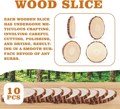 Vista 8 de ilauke Rebanadas de Madera, 10 Piezas de 3.5"-4" de Madera Natural Redondas, Círculos de Madera con Corteza, Kit de Madera Sin Terminar