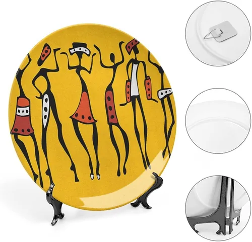 Vista 4 de Platos decorativos, adorno de impresión africana, personajes de bailarines africanos, gráficos felices, 10 pulgadas, decoración de pared de cocina