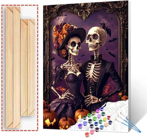 Vista 36 de Tucocoo Decoración del Día de los Muertos, pintura por números, esqueleto para parejas, pintura por números sobre lienzo con pinceles y pigmento