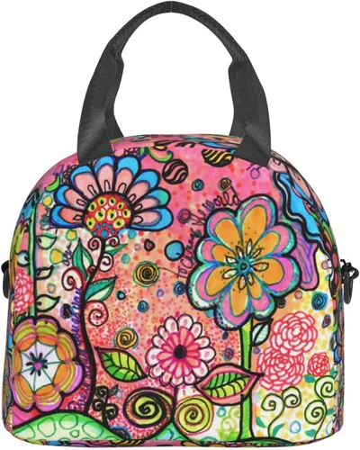 Vista 2 de Bolsa de almuerzo con diseño de flores de arte hippie reutilizable, aislada, lonchera con correa ajustable para el hombro, para oficina, trabajo