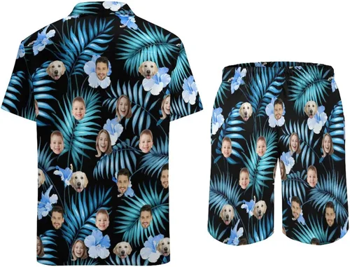 Vista 4 de Conjunto de camisa hawaiana personalizada para hombre, camisa de manga corta con botones y pantalones cortos, conjuntos casuales de vacaciones