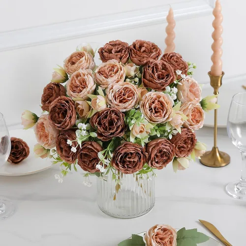 Vista 8 de 2 racimos de flores artificiales de peonía beige, ramo de peonías de seda para bodas, fiestas, centros de mesa, arreglos florales, decoración