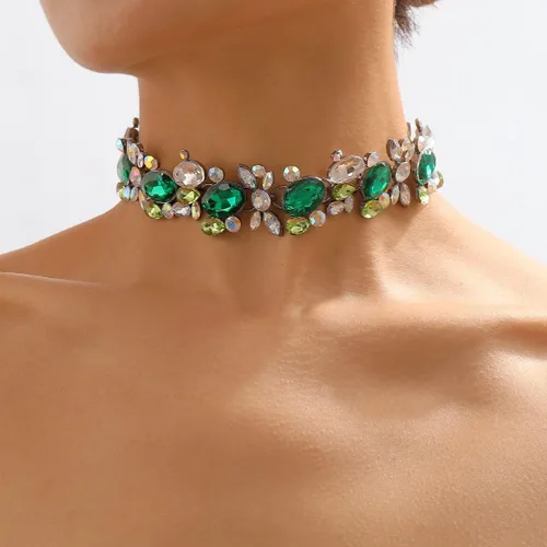 Vista 2 de Jumwrit Collar de gargantilla de diamantes de imitación de colores, collar de cadena gruesa brillante para fiesta de graduación, joyería para mujer