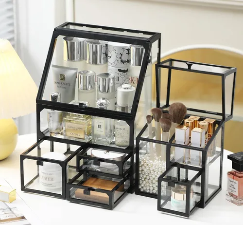 Vista 3 de MOOCHI Organizador de maquillaje negro de 3 piezas para Vantity, vidrio, organizador de cuidado de la piel, cajones, organizador de cepillos