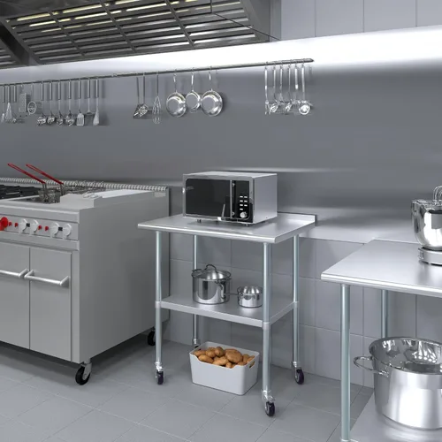 Vista 5 de AmGood Mesa de trabajo de acero inoxidable con protector contra salpicaduras de 1.5 pulgadas y ruedas NSF Mesa de preparación de alimentos