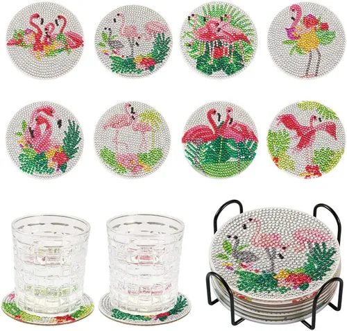 Vista 12 de FASHEWELRY 8 posavasos de arte de diamante con soporte para abejas, kit de posavasos de pintura de diamantes para bebidas, kits de arte de diamantes