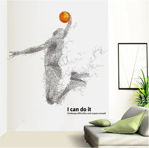 Vista 2 de Pegatinas de pared 3D de jugador de baloncesto para dormitorio de niños, calcomanías de sala de estar, calcomanías de pared desmontables