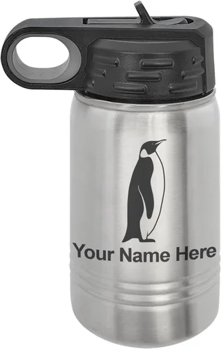 Vista 43 de LaserGram Botella de agua personalizada, pingüino, acero inoxidable de doble pared aislada al vacío con popote superior, regalo grabado