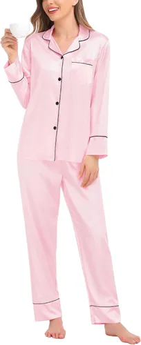 Vista 3 de SWOMOG Pijama de satén para mujer, de manga larga, de seda, suave, con botones, tallas S-XXL