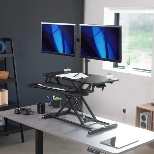 Vista 2 de VIVO Convertidor de escritorio de pie de 32 pulgadas de altura ajustable con soporte de monitor doble de 13 a 30 pulgadas, soporte para monitor