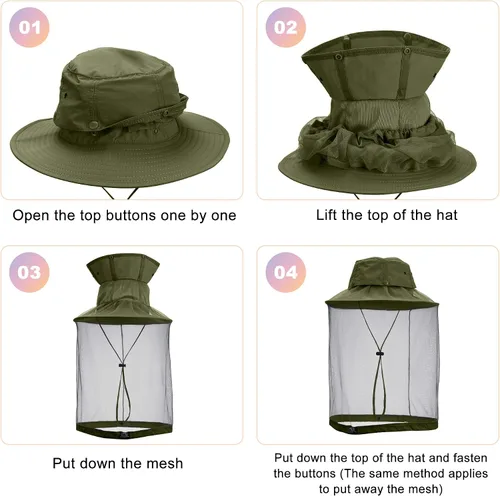 Vista 3 de Yoption Head Net Hat, Sun Hat Bucket Hat with Hidden Net Mesh for Men Women Outdoors Beekeeping Fishing Hiking Verde Armada (ArmyGreen)