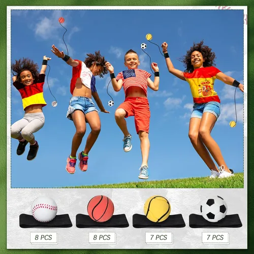 Vista 3 de Jerify - 30 unidades de pelota de retorno de muñeca en una cuerda, deportes de béisbol, regalos de fiesta de fútbol, baloncesto, muñeca de retorno