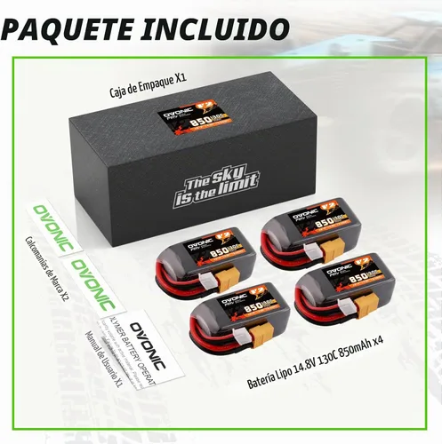 Vista 6 de OVONIC 130C 4S 850mah Lipo Batería 14.8V Pack con XT60 Plug para FPV Racing