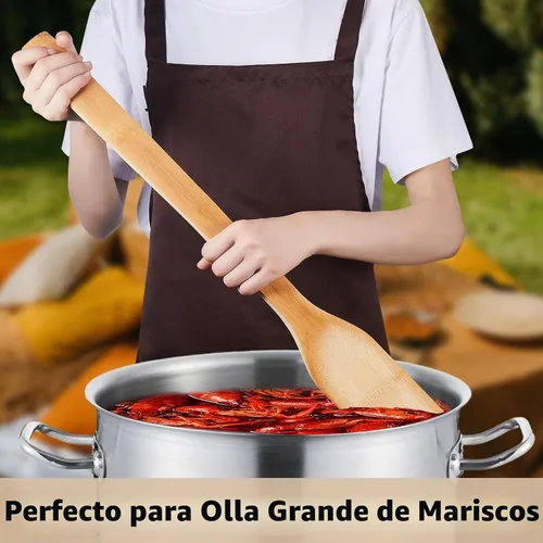 Vista 4 de Cucharas de bambú de mango largo de 24 pulgadas, palitos de madera extra anchos para cocina, espátula plana de bambú para cocinar cangrejos cajún