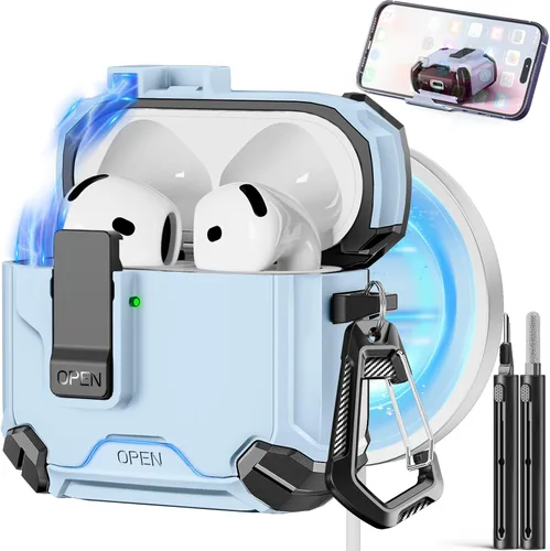 Vista 31 de Pohgelan - Funda compatible con AirPods Pro 2ª/1ª (verde) Cerradura magnética automática con kit de limpieza, compatible con Magsafe
