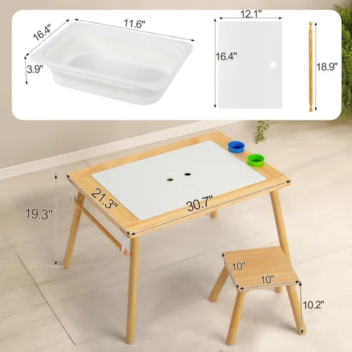 Vista 2 de Juego de mesa y sillas de madera, mesa de actividades con taburete, 2 contenedores de almacenamiento y soporte para rollos de papel, mesa de comedor