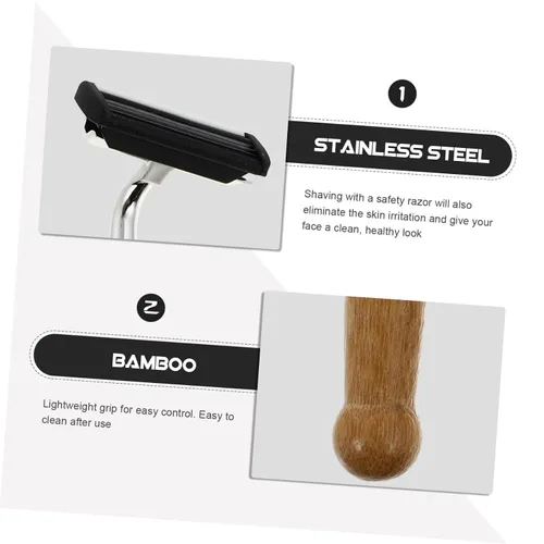 Vista 6 de Mipcase Kit de barba 4pcs afeitadoras manuales cuchillas de acero inoxidable mango de bambú diseño ergonómico