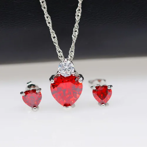 Vista 2 de Uloveido Collar de corazón de cristal rojo y pendientes conjunto de joyas de boda para mujeres BME53