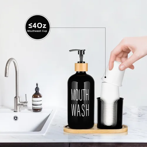 Vista 3 de Dispensador de enjuague bucal negro para baño, botella de vidrio con bomba de 16 onzas con soporte para tazas, 14 tazas de enjuague bucal, bandeja