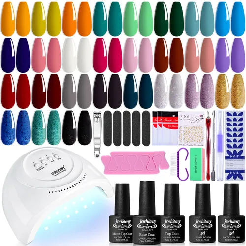 Vista 10 de JEWHITENY Juego de 30 esmaltes de uñas de 27 colores, verde, azul, rosa, naranja, Gitter Sock Off Gel Polish con capa base superior mate y brillante