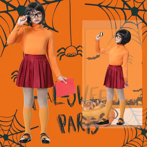 Vista 4 de Disfraz de Velma para niñas Daphn Cosplay Scoob Halloween Dress Up Peluca Accesorios Set