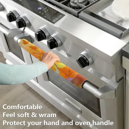 Vista 4 de Eionryn Fundas para manija de puerta de refrigerador con hojas caídas de arce otoñal, arces naranjas de otoño, guantes para microondas