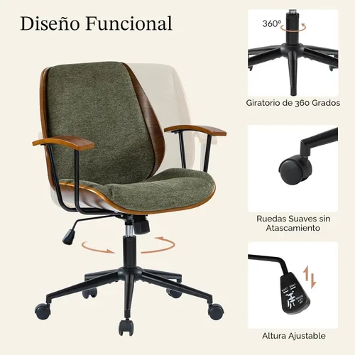 Vista 5 de HULALA HOME Silla de oficina de madera maciza con función de balanceo, silla de escritorio cómoda de tela con base de madera curvada y metal, silla