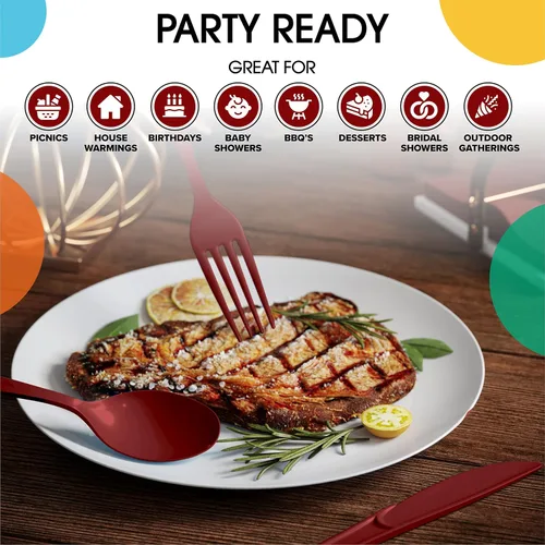 Vista 6 de Party Solids - Cuchillos de plástico color burdeos, 200 piezas, cuchillos color borgoña, desechables, utensilios de plástico resistente, juego