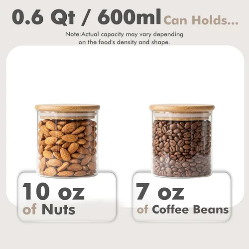 Vista 3 de Paquete de 6 tarros pequeños redondos de vidrio de 0.6 cuartos de galón con tapas de bambú Minimalist Kitchen Organizer,Pantry Storage