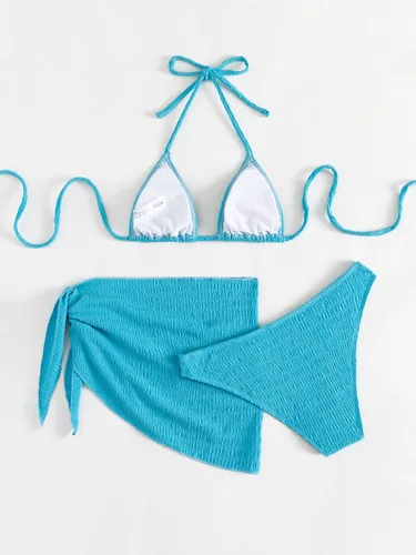 Vista 2 de SHENHE Traje de baño de 3 piezas con textura de corte alto y triángulo para mujer con salida de baño