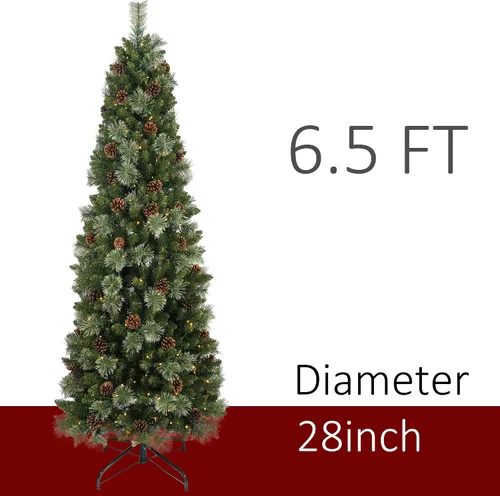 Vista 2 de Árbol de Navidad artificial preiluminado de 6.5 pies, árbol de Navidad artificial de pino con 250 luces LED, agujas de pino y conos de pino