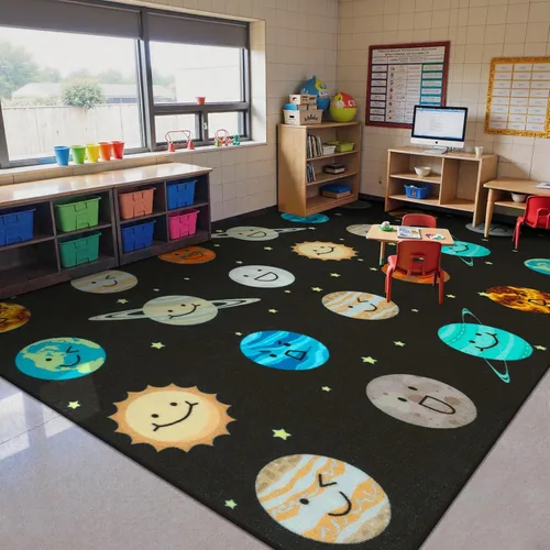 Vista 13 de STARUIA Alfombra de aula con cara sonriente de planeta, 5 x 7.6 pulgadas, alfombra educativa circular para aula, preescolar, guardería, alfombra