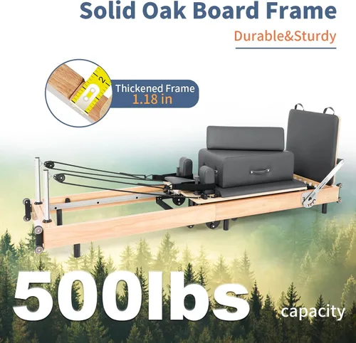 Vista 4 de Foldable Oak Wood Pilates Reformer Machine for Home and Studio Training 500 lb capacity with box, jump board and foot board for home workouts or